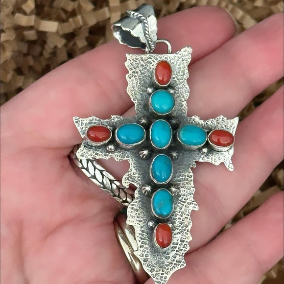 Kingman turquoise coral statement cross sterling silver pendant - Picture 4 of 5